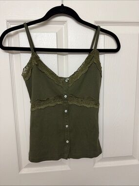 Olive Lace-Trim Button Front Cami Top